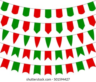 Collection of festive decorative flags for the holiday on a whit