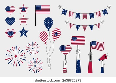 Collection of festive elements for American Independence Day. Includes US flags, balloons, garlands, stars, and hearts, along with diverse hands of different nationalities holding American flags.