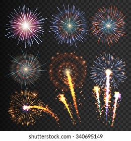 Collection festive fireworks isolated of various colors arranged on a black background. Outbreaks transparent to paste. Set of sparkling abstract shapes. Fireworks night. Vector illustration EPS10