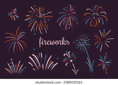 Colección de fuegos artificiales festivos en un fondo oscuro. Gráficos vectoriales.
