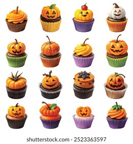 Collection of festive Halloween-themed cupcakes