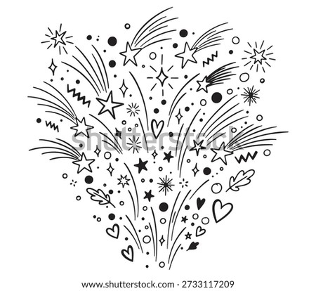 Collection of festive hand-drawn doodles featuring fireworks, shooting stars, hearts, and celebratory bursts for joyful designs