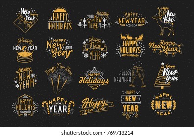 Collection of festive Happy New 2018 Year hand drawn lettering decorated with holiday elements - fireworks, champagne, snow globe, light garland, baubles, snowflakes, spruces. Vector illustration.