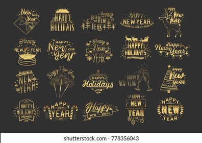 Collection of festive Happy New 2018 Year hand drawn lettering. Inscriptions with holiday elements - fireworks, champagne, snow globe, light garland, baubles, snowflakes, spruces. Vector illustration.