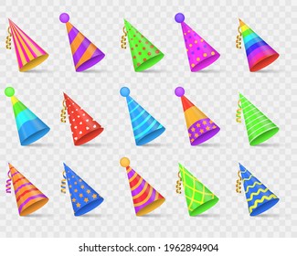 Collection of festive hats for parties and holidays celebrations. Party shiny caps isolated on white background. Cone paper hat with birthday decoration elements. Vector illustration, eps 10.