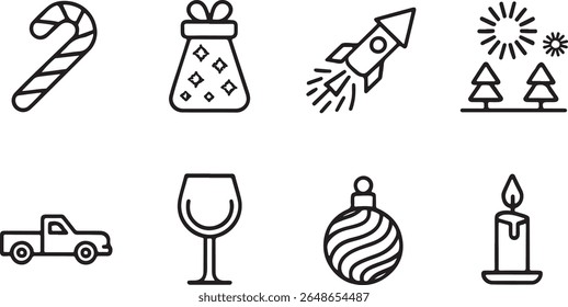 Collection of Festive Holiday Illustrations Featuring Candy Canes, Presents, Rockets, Trees, Cars, Wine, Ornaments, and Candles