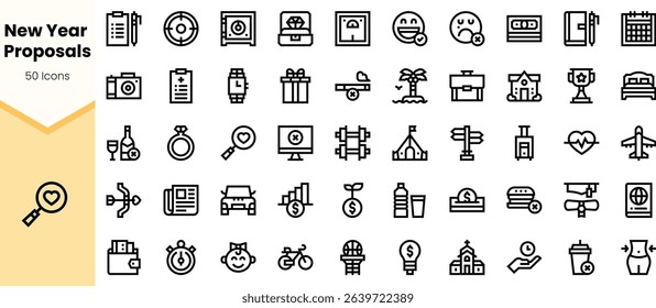 A collection of festive icons for New Year proposals, featuring symbols of celebration, planning, and joy in a clean, minimalist design.