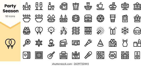 A collection of festive icons for party season, featuring drinks, food, decorations, and celebration items, creating a fun and vibrant atmosphere.