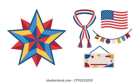 A collection of festive items including a star, flag, bunting, scarf, and sign, perfect for national celebrations.