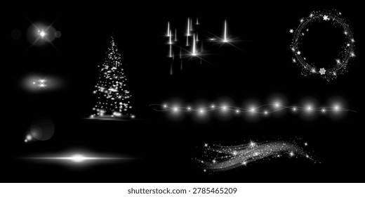 A collection of festive light effects on a black background. The composition features a bright starburst, a soft glow, a Christmas tree made of sparkling lights, vertical light lines, a wreath of snowflakes and sparkles, a garland of light bulbs, and a swirl of glowing particles.