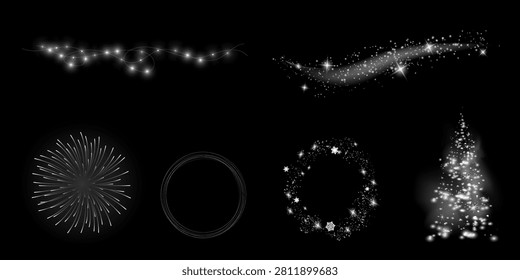 A collection of festive light effects on a black background. The composition features a bright starburst, a soft glow, a Christmas tree made of sparkling lights, vertical light lines, a wreath of snowflakes and sparkles, a garland of light bulbs, and a swirl of glowing particles.