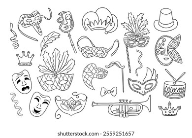 Collection of festive Mardi Gras and Venice carnival doodle drawings with masks, crowns, musical instruments, feathers, and decorative elements in line art style