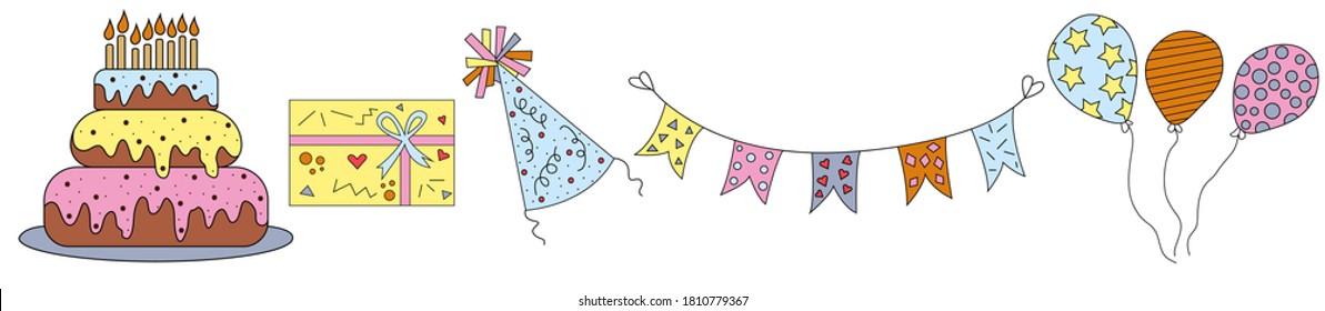 Collection of festive multicolored icons for birthday cake with candles, festive box cover with flag balloons patterns. Set of linear icons for the holiday. Trendy flat design