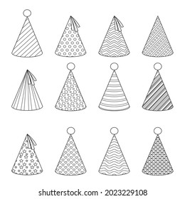 Collection of festive paper caps. Hats for the party. Vector illustration for coloring book