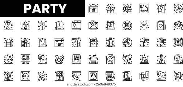 A collection of festive party icons in a modern, minimalist design.