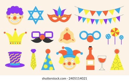 Collection of festive Purim carnival elements. Cute and funny holiday cartoon accessories in flat style. Vector illustration