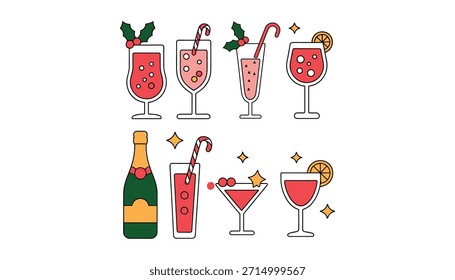 Colección de bebidas rojas festivas en vasos y una botella con bastones de caramelo y bebidas decorativas de acebo