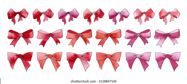 Collection of festive red ribbon bows with watercolor texture. Holiday decoration. Vector set. For postcards, greetings, cards, logo. Hand drawn design elements.  