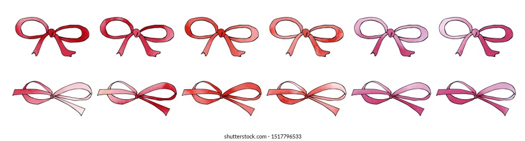 Collection of festive red ribon bows with watercolor texture. Holiday decoration. Vector set. For postcards, greetings, cards, logo. Hand drawn design elements. Birthday, anniversary, christmas. 