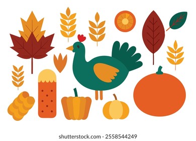 A collection of festive vectors with a turkey and harvest elements, ideal for Thanksgiving and autumn-themed designs.