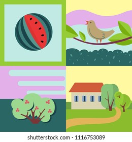 collection of few flat style illustrations on summer rural theme, farm animals, village, fields, quiet and nice lifestyle