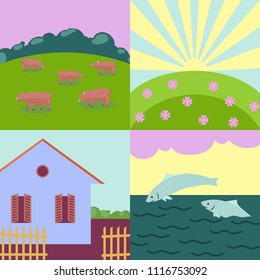 collection of few flat style illustrations on summer rural theme, farm animals, village, fields, quiet and nice lifestyle