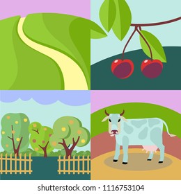 collection of few flat style illustrations on summer rural theme, farm animals, village, fields, quiet and nice lifestyle