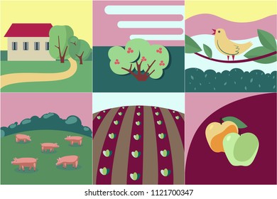 collection of few flat style illustrations on summer rural theme, farm animals, village, fields, quiet and nice lifestyle