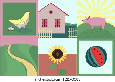 collection of few flat style illustrations on summer rural theme, farm animals, village, fields, quiet and nice lifestyle