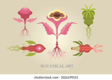 Coleção de flores e plantas fictícias, ilustração vetorial. Conjunto de plantas extravagantes. Arte botânica, estilo vintage
