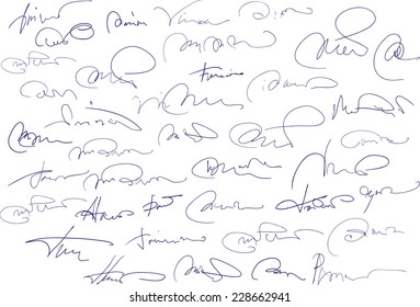 Collection of fictitious contract signatures. Autograph illustration. 