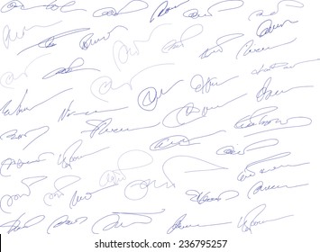 Collection of fictitious contract signatures. Autograph illustration. 