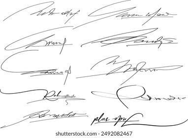 Collection of fictitious contract signatures. Autograph illustration, Document signatures or handwriting personal name letters and surname,Signature document.eps8