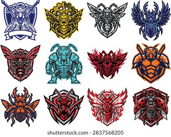 Collection of fierce insect and bug mascots including ants bees and beetles designed with shields and powerful stances