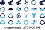 Collection of fierce shark teeth and open jaws icons, representing power and ocean themes.