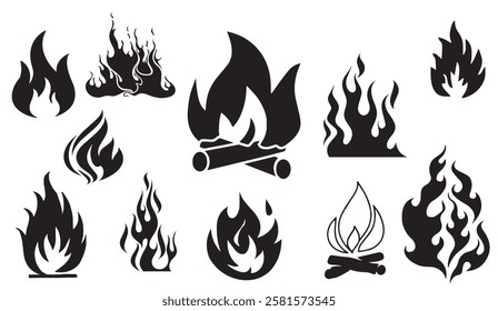 Collection of Fiery Flame Icons: Diverse Stylized Black and White Fire Designs for Branding and Graphic Design Projects