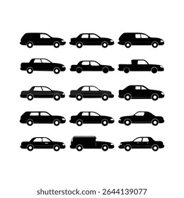 Uma coleção de quinze silhuetas de carro preto contra um fundo branco Cada silhueta mostra um modelo de carro diferente visto do lado estilo simples e mínimo