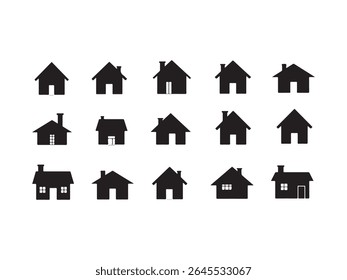 Uma coleção de quinze silhuetas de casa pretas dispostas em três fileiras sobre um fundo branco. 