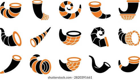 Collection of fifteen black and orange cornucopia icons representing the horn of plenty and harvest season, isolated vector graphics.