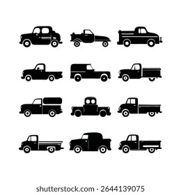 Uma coleção de quinze silhuetas pretas de picapes vintage contra um fundo branco. Os caminhões são representados em vários estilos e configurações. Design simples e plano.