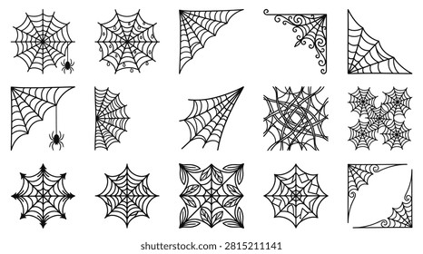 Collection of fifteen black spider web vector icons including corner borders, circular webs with hanging spiders, dewy cobwebs, and gothic decorative frames on a white background.