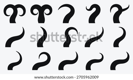 Collection of fifteen black tentacles in various shapes on a white background