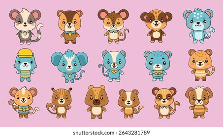 A collection of fifteen cartoon animal characters, each with unique color schemes, patterns, and accessories, standing upright with cheerful expressions.