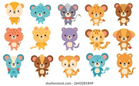 Uma coleção de quinze personagens de desenhos animados, cada um com cores, padrões e desenhos únicos, organizados de uma maneira lúdica e envolvente.