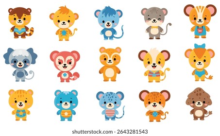 A collection of fifteen cartoon animals, each with unique color schemes, patterns, and clothing, all rendered in a flat, stylized design.