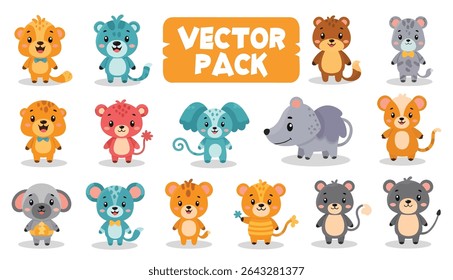 Uma coleção de quinze animais de desenho animado, incluindo ursos, leões, ratos e um cachorro, tudo em um formato vetorial bonito e estilizado.