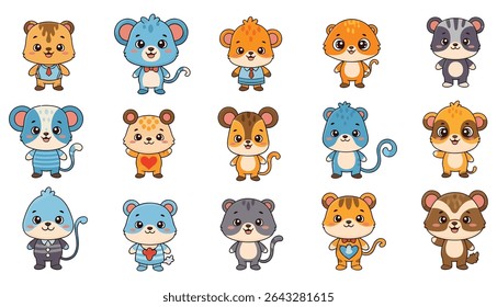 Coleção de quinze animais de desenho animado, incluindo ratos e ursos, em diferentes cores e roupas, todos de pé com expressões amigáveis.
