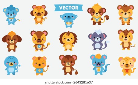 Coleção de quinze animais de desenho animado, incluindo ursos, macacos, leões e cães, tudo em um estilo bonito, vetor com várias cores e desenhos.