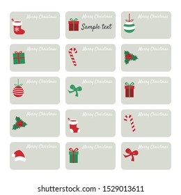 Collection of fifteen christmas gift tags with santa claus socks, hat, present, baubles, lolipop candy, bow ribbon and holly berry. Cute retro vintage style. Set of printable hand drawn holiday label
