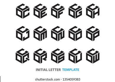 a collection of fifteen different kinds of initial three-letter hexagon logos in a modern black style